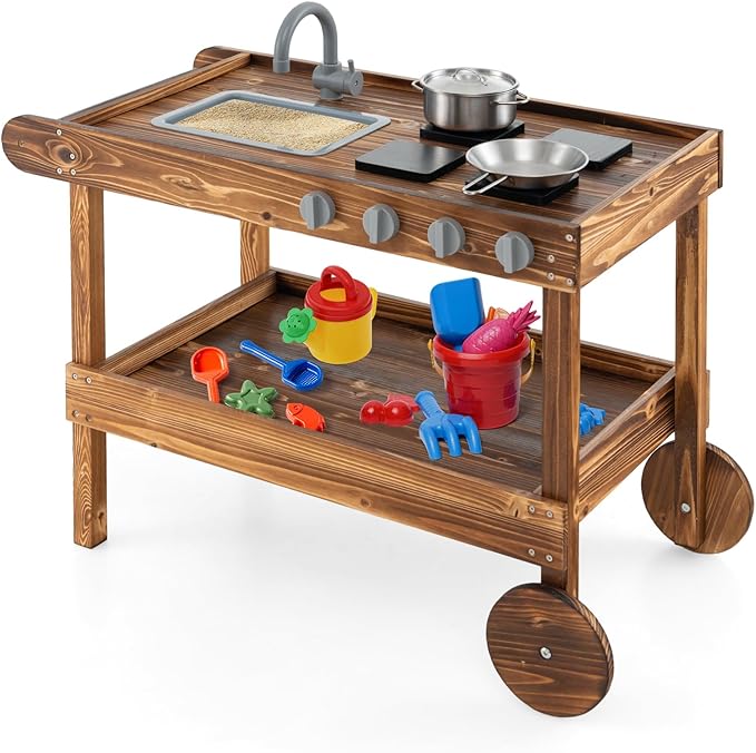 Honey Joy Mud Kitchen with Wheels - Fir Wood Outdoor Play Kitchen for Toddlers, Garden Sink, Stoves, Storage Shelf, Kids Outdoor Backyard Kitchen Playset