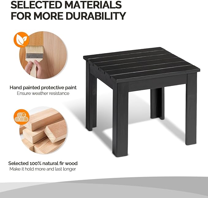 VINGLI Outdoor Adirondack Side Table, 18" Square Thick Wooden Coffee Table, Patio Side Table Conversation End Table for Patio Backyard, Garden, Poolside and Balcony (Black)
