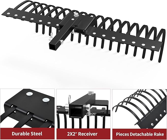 YITAMOTOR 4FT Tractors Rake 17 Pine Straw Rake Fits 2" Receiver for Lawn Tractors or ATV/UTV