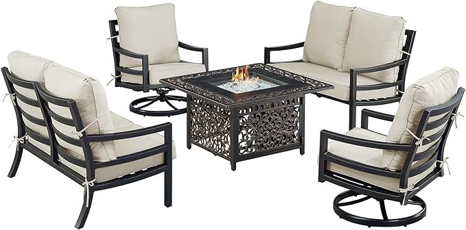 Oakland Living Black Aluminum Patio Fire Table Set with Two Deep Seating Loveseat with Cushions and Two Club Chairs with Light Grey Cushions