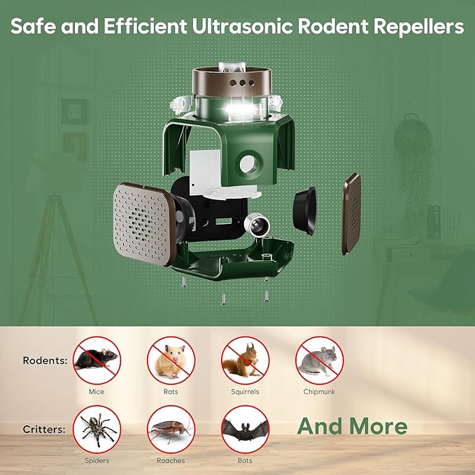 Mice Repellent Indoor Qunifyed Rodent Repellent Ultrasonic Plug in 4 Modes Ultrasonic Pest Repeller with 9 Strobe Lights - Effective Control for Mouse, Squirrel, Rat, Rodent, Roach, Bugs, Bat, Gekos