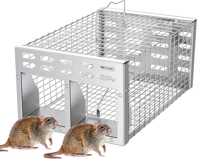 Rat Trap, Humane Live Rat Trap & Automatic Reset Mouse Traps with Dual One-Way Door Design – Catch and Release for Mice, Chipmunks, Hamsters, and Other Rodents, Indoors & Outdoors(Silver)