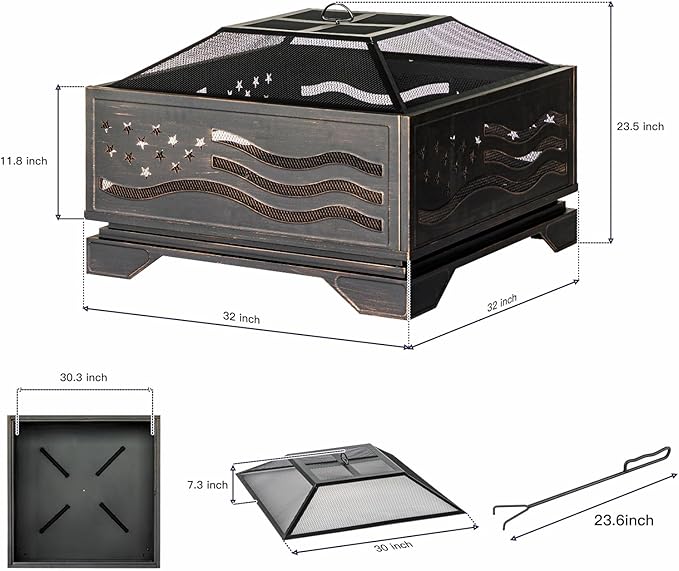 32Inch Square-Shaped Fire Pit,Outdoor Fire Pits with Spark Screen&Poker,Metal Square Wood Burning Firepits for Outside,Backyard,Bonfire,Patio,Party,Garden,Picnic and Camping(Antique Bronze)