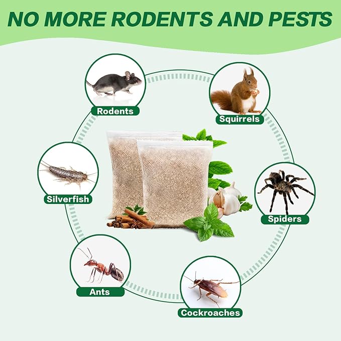12 Pack Mouse Repellent Pouches - Natural Peppermint Oil, Long-Lasting Rodent Deterrent - Safe for Pets & Family, ice Repellent Indoor/Outdoor Use in Garage, Car & Garden