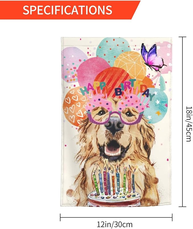 Happy Birthday Cake Balloon Ribbon Golden Dog Retriever Garden Flag Welcome Party Outdoor Outside Decorations Picks Home House Garden Yard Decor 12x18 Inch