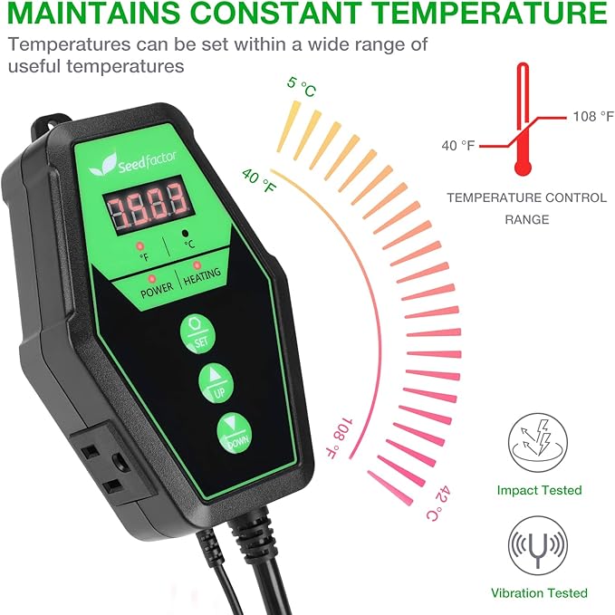 Seedfactor 10" x 20" MET Certified Seedling Heat Mat and Digital Thermostat Combo Set