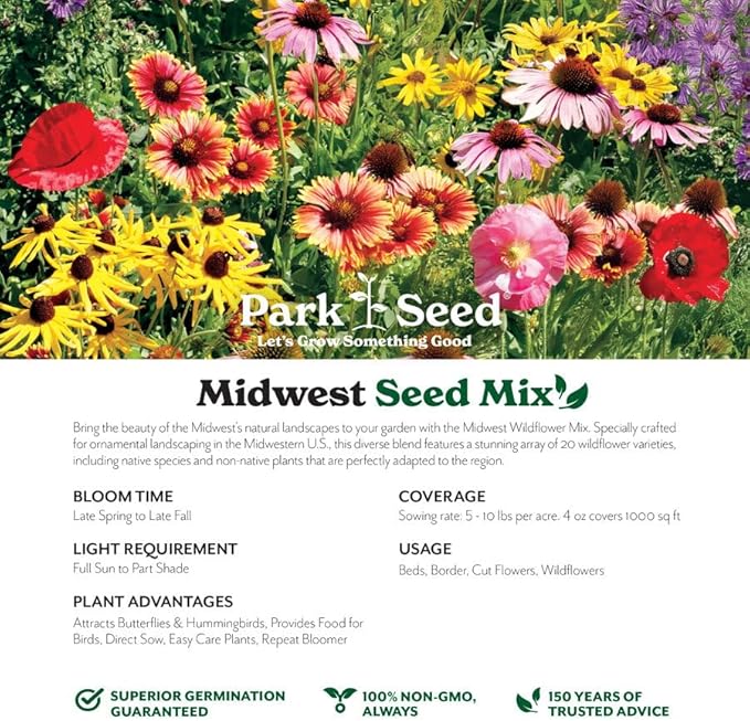 Park Seed Grow Your Own Vibrant Annual and Perennial Wildflower Garden Seeds Mixture, Easy to Grow Varieties for Pollinators and Spring Gardens - Midwest Regional Mix, 1 lb