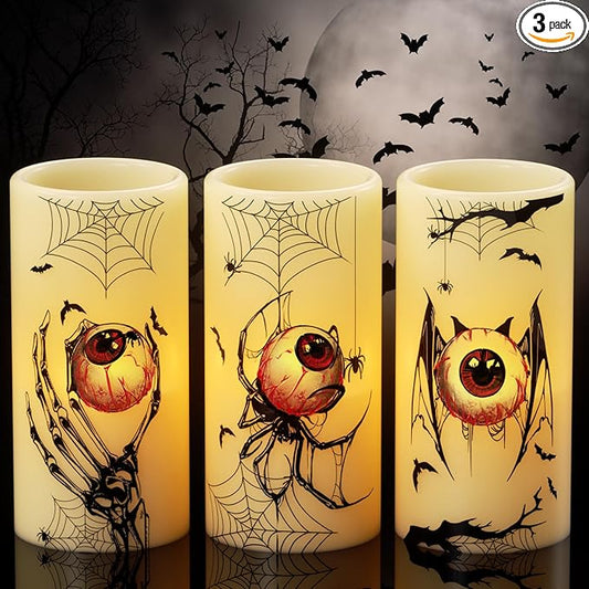 DRomance Halloween Flameless Flickering Candles Battery Operated with Timer, 3 Pack Real Wax LED Pillar Candles Spooky Bloody Eyes Spider Decals Dinner Halloween Decorations Indoor(3" D x 6" H)