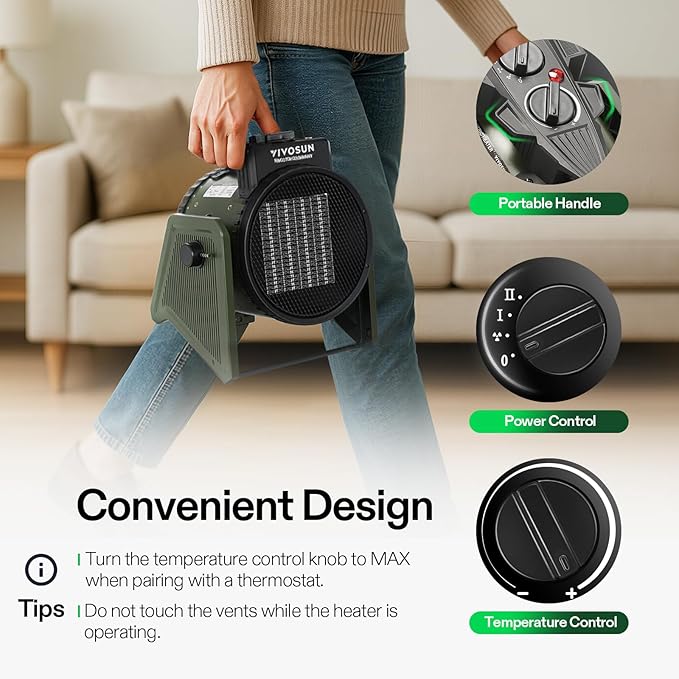 VIVOSUN Portable Greenhouse Heater, 1500W/750W Electric Heater, 3 Modes for Fast Heating, Overheat Protection, Dustproof Design for Grow Tents, Patios & Outdoors