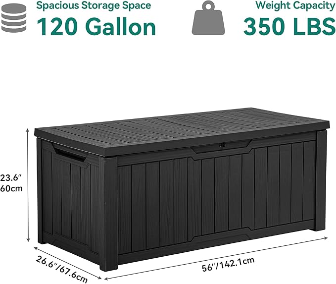 YITAHOME 120 Gallon Large Deck Box, Resin Outdoor Storage Box for Outdoor Pillows, Garden Tools and Pool Supplies, Waterproof, Lockable, Black