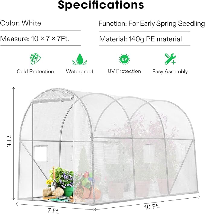 VIVOSUN 10x7x7 Ft. Large Walk in Greenhouse, Greenhouse Tunnel, Garden Plant Hot House with White PE Cover, Roll-up Zipper Door and Window for Outdoor, White