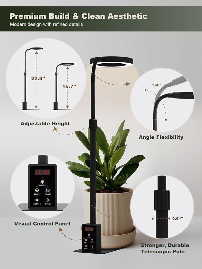 GLOWRIUM Smart LED Grow Lights for Indoor Plants, Desk Plant Light with Bluetooth App Control, 8W Full Spectrum Grow Lamp, Height Adjustable 16"-23", Auto Timer, Watering Reminder for Small Plants