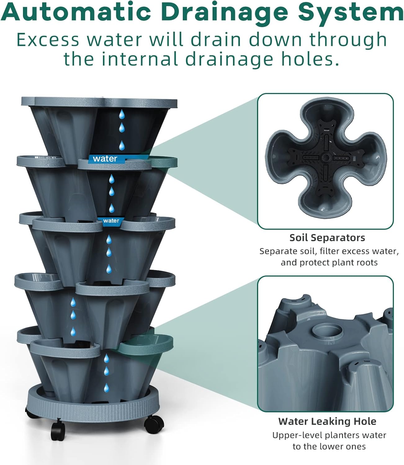 7 Tiered Strawberry Vertical Planter 2 Pack, Stackable Tower Garden Planter Herb Garden Planter with Movable Casters and Bottom Saucer Indoor and Outdoor - Dark Grey