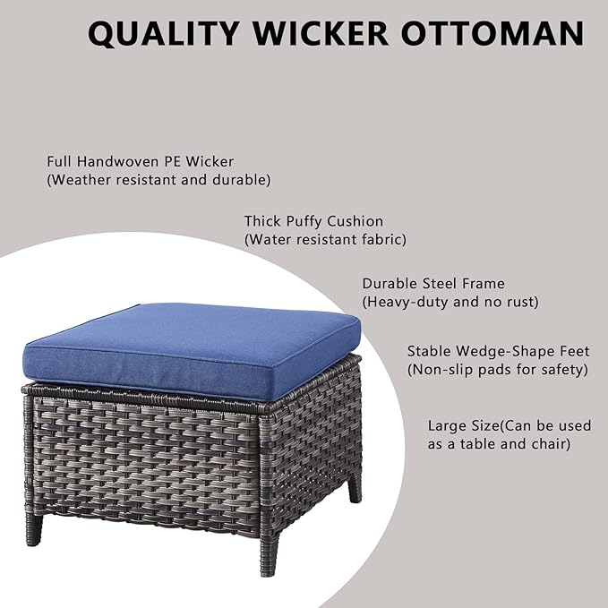 Wicker Outdoor Patio Furniture Set - 5 Piece Patio Conversation Sets with Swivel Rocker Chairs, Ottomans and Sofa, 6 inch Cushions, Waterproof Wicker, for Porch Deck Mixed Grey/Blue