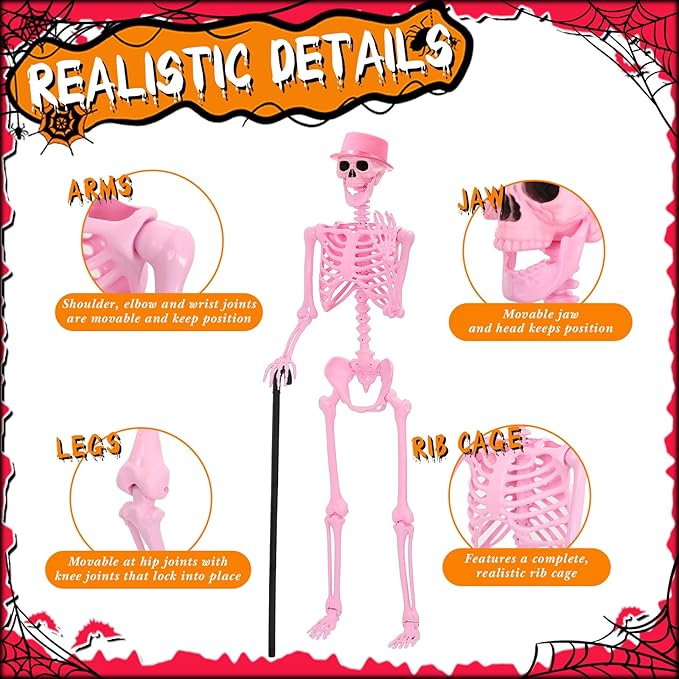 Tellingyou 6 Pcs Halloween Skeleton Decorations, Include 2 Pcs 5.4 ft Pink White Posable Life Size Skeletons, 1 Cane, 1 Tulle Skirt, 1 Hat, 1 Pink Glasses for Halloween Graveyard Haunted Decor