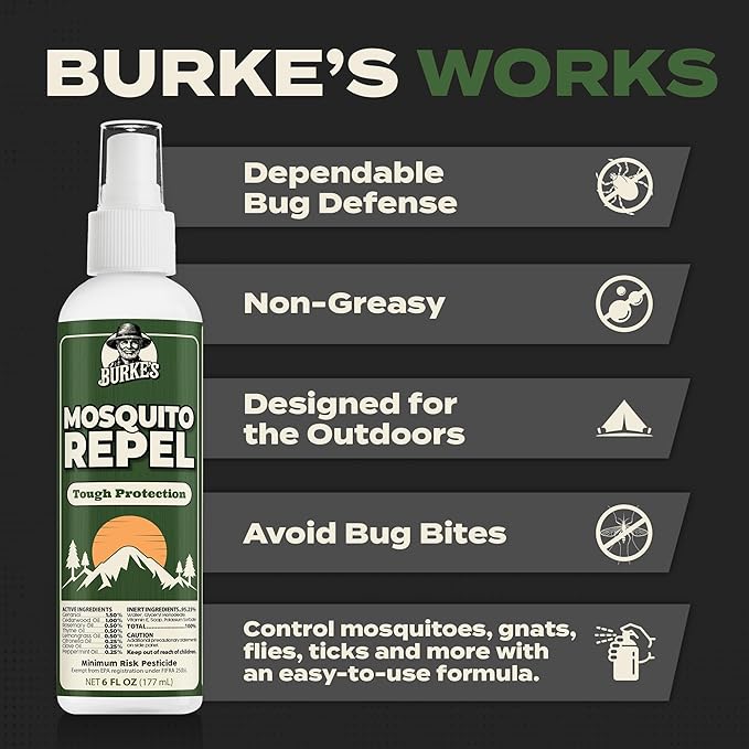 Burke's Mosquito Repel Spray, DEET-Free Mosquito Repellent for Skin & Outdoor Protection, 6 oz (180mL)