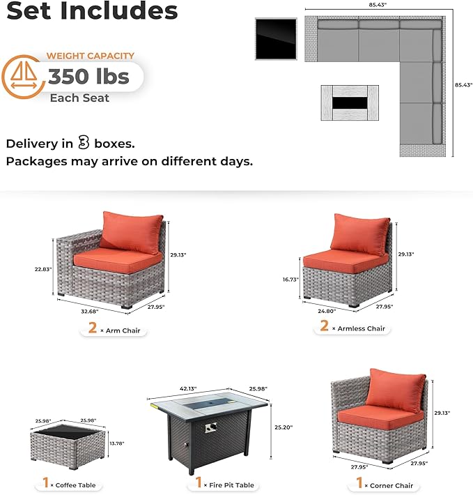 ovios 7 Pieces Patio Furniture Set, Outdoor Wicker Sectional Sofa with 42 Inch Fire Pit Table Comfy Cushions, Modern Modular Deep Seat Rattan Couch Conversation Set, Orange Red