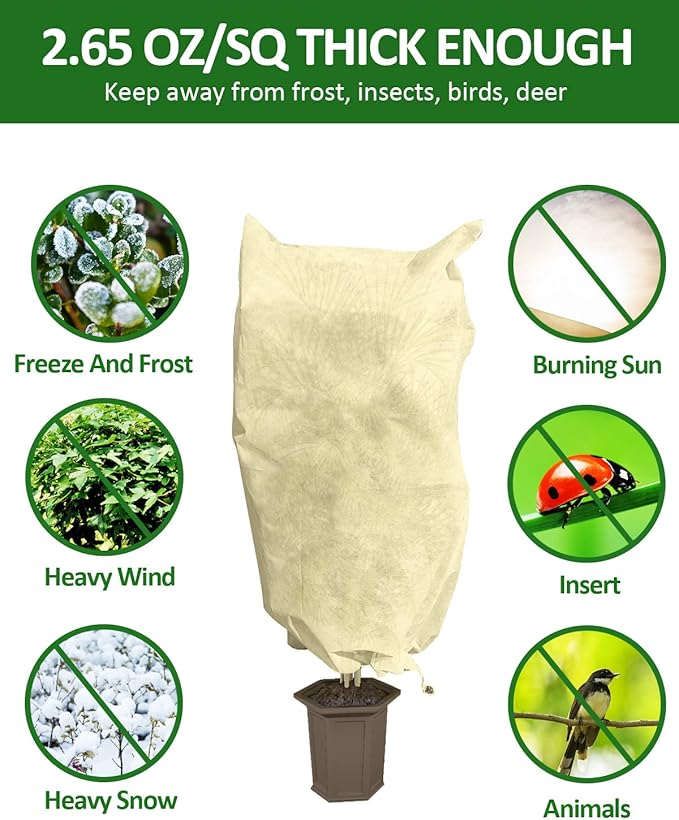 EAONE 12 Pack Plant Covers Freeze Protection, 32x47'' Winter Frosts Cloth for Outdoor Plants, Reusable Frost Blankets Drawstring Bags for Cold Freeze Sun Protection Bird Insect Prevention,Beige