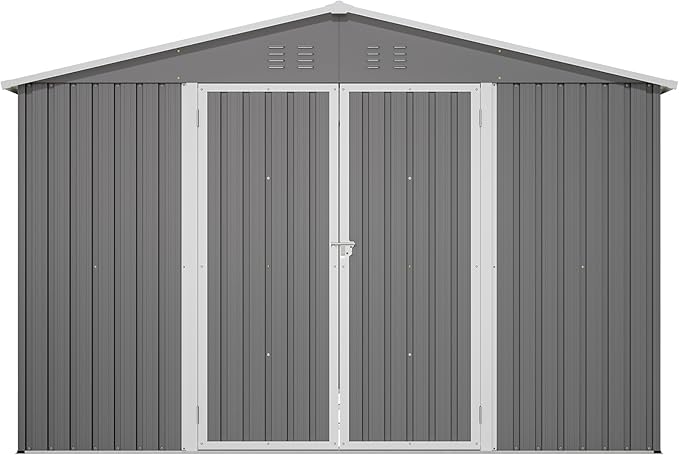 10×10 FT Outdoor Storage Shed,Metal Aluminum Waterproof Tool Sheds with Foundation,Doors & Vents,Heavy-Duty Sheds Unit W/Lock & Key,for Storing Bicycles,Lawnmowers,Barbeques,Gray