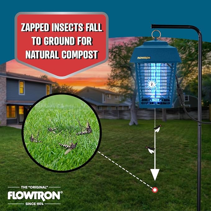 Flowtron Electric Bug Zapper 1/2 Acre Outdoor Insect Control with Dual Lure Method, 15W UV Light & Octenol Attractant for Fly & Mosquito, 5600V Kill Grid, Made in USA, UL Certified - Blue Color