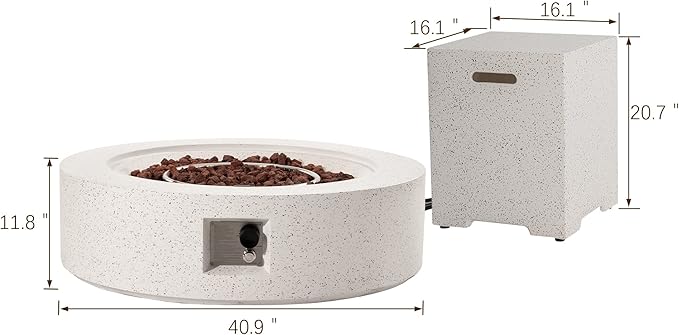 SUNBURY Outdoor Propane Fire Pit Table, 42 Inch 50000 BTU Round Spotted White Patio Gas Fire Table w Tank Cover Table, Lava Rocks, Waterproof Cover