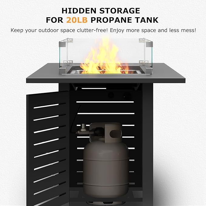 MBY 28'' Propane Fire Pit Table, 50,000 BTU Steel Gas Firepit for Outdoor Patio Deck and Garden, CSA Certified Fire Pit with Lid, Waterproof Cover, Glass Wind Guard and Lava Rock, Black