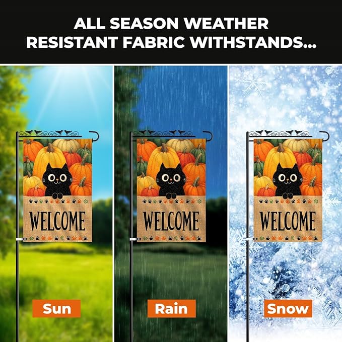 Halloween Garden Flag – Black Cat Pumpkin Patch Welcome Flag, 12x18 Double Sided Burlap Halloween Yard Flag for Outside, Seasonal Fall Outdoor Decoration, Weatherproof