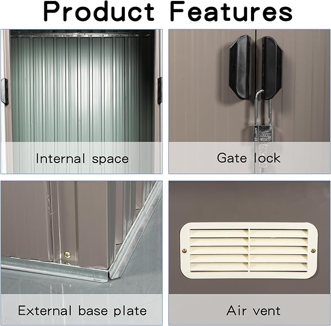 6 x 4 FT Outdoor Storage Shed,Metal Anti-Corrosion Utility Tool House with Punched Vents, w/Sliding Doors & Padlock,Waterproof Garden Sheds for Backyard Lawn Patio,Grey