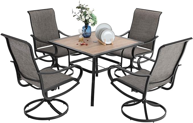 PHI VILLA 5 Piece Outdoor Patio Dining Set, Patio Table & Chair Set Clearance for 4 Person, 4 Swivel Dining Chairs & 1 Square Patio Table(1.57" Hole) for Lawn Garden Poolside