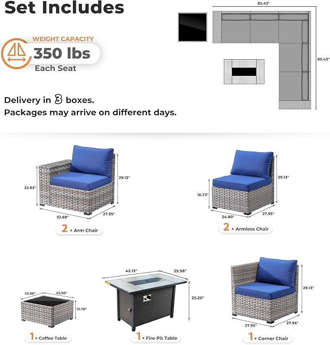 ovios 7 Pieces Patio Furniture Set, Outdoor Wicker Sectional Sofa with 42 Inch Fire Pit Table Comfy Cushions, Modern Modular Deep Seat Rattan Couch Conversation Set, Navy Blue