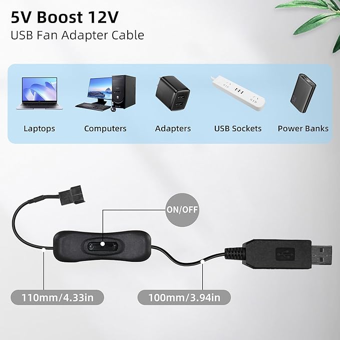 92mm 3.62" USB Cooling Fan 2000RPM with Flexible Gooseneck Holder and 5V to 12V USB Cable for Grow Tent, Desk, Camping, DIY Ventilation Cooling Project