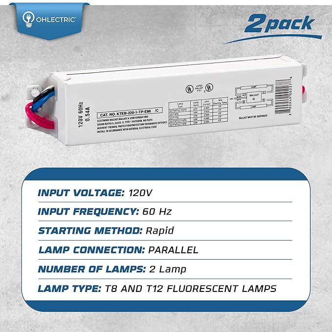 OHLECTRIC Replacement for Keystone KTEB-220-1-TP-EMI 2 Lamp T12 Electronic Fluorescent Ballast | 120V Input with Instant Start Operation | 0.88 Ballast Factor, UL-Approved