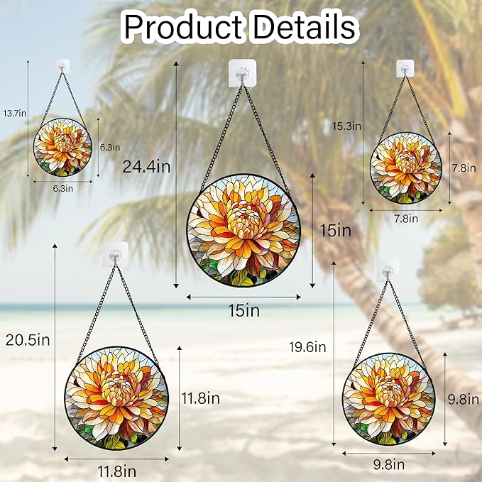 Stained Glass Window Hanging - Chrysanthemum Suncatcher for Doors Garden Patio Birth Flowers Sun Catchers Decor Christmas Mother's Day Birthday Gifts for Women Men Mom Nana Friend 15 in