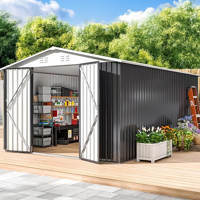 WKM 10x14 Outdoor Storage Shed, Garden Shed with Updated Frame Structure and Lockable Doors, Metal Tool Sheds for Backyard Garden Patio Lawn, White