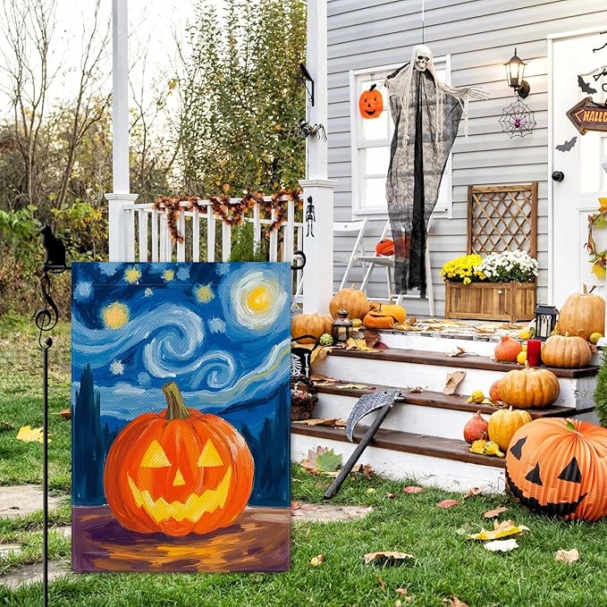 Halloween Starry Night Pumpkin Ghost Garden Flag Holiday Small Flag for Outside Burlap Double Sided Welcome Yard Lawn Decor 12.5x18"
