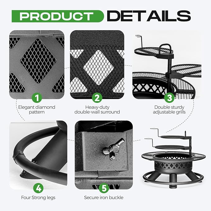 47 Inch Outdoor Wood Burning Fire Pit with 2 Grills,Extra Large 3-in-1 Fire Pit with Metal Lid & Fire Poker, Heavy Duty BBQ Firepits for Outside, Backyard, Bonfire, Patio & Party (47'' Black)