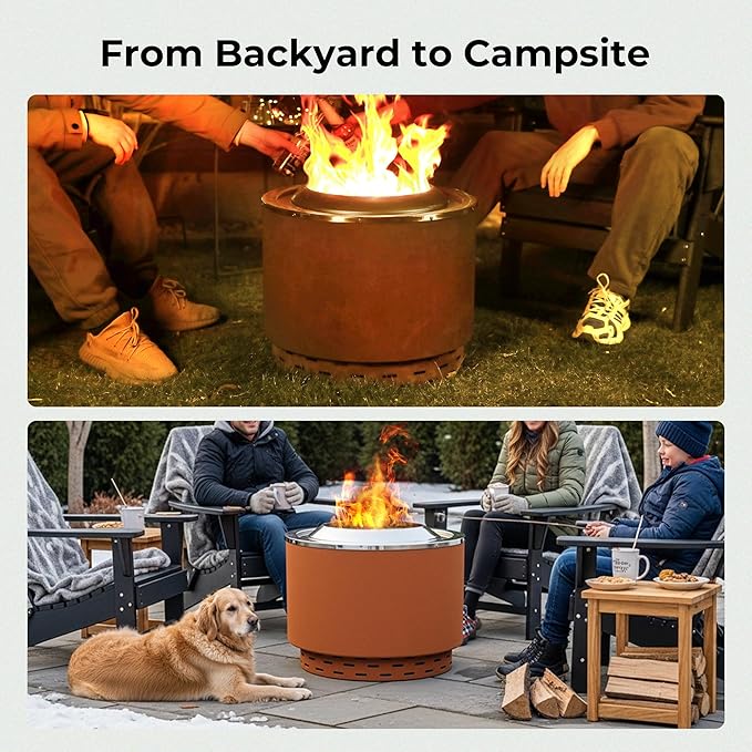 KOL 20" Dia Smokeless Fire Pit Outdoor with Pre-Rusted Finish, 16 Gauge Corten Steel & 201 Stainless Steel Wood Burning Firepit, Backyard Patio Rotary Flame Stove with Removable Ash Pan
