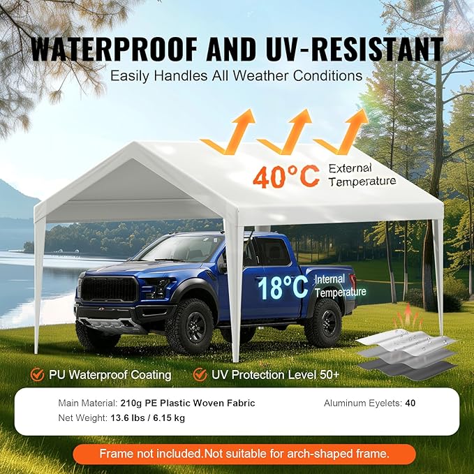 VEVOR Carport Replacement Canopy Cover 10 x 20 ft, Garage Top Tent Shelter Tarp Heavy-Duty Waterproof & UV Protected, Easy Installation with Ball Bungees,White (Only Top Cover, Frame Not Include)
