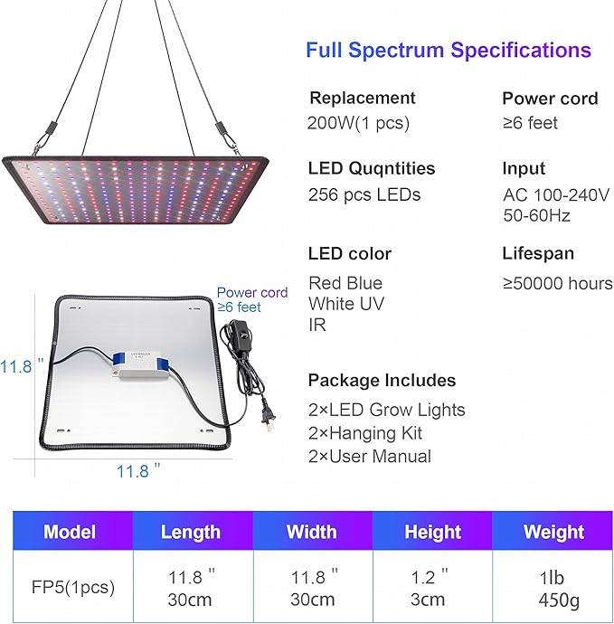 2 Pack LED Grow Light Panel 200W Lamp for Indoor Plants, Full Spectrum with White Blue Red UV IR LEDs for 4x4ft Coverage Grow Tent Greenhouse Veg and Bloom Seedlings Hydroponics