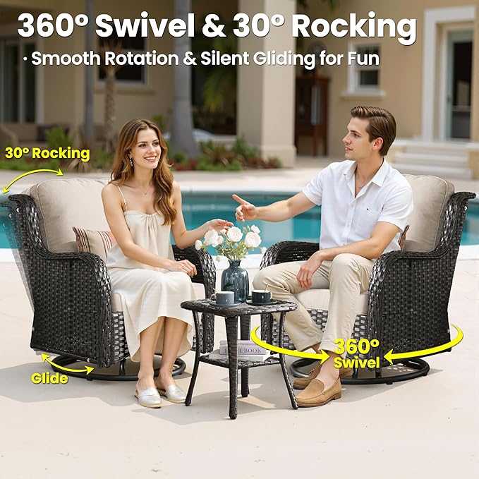 ovios 7 Pieces Patio Furniture Set, Outdoor Wicker Sofa Couch with Swivel Chairs 42" Fire Pit Table, All Weather High Back Modern Conversation Sets, Brown Rattan, Beige