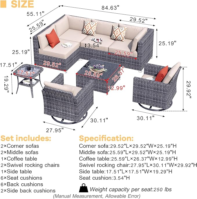 HOOOWOOO 8 Piece Patio Sectional Furniture Set with Swivel Rocking Chairs,Modern Wicker Outdoor Conversation Sofa Sets,Weather Resistant Modular L Shaped Outside Couch Set(Beige)