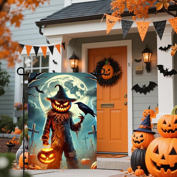 IVN Halloween Garden Flag Spooky Garden Flag 12x18 Inch Scary Jack-o-Lantern Scarecrow Raven Bat Full Moon Spooky Outdoor Decor Double Sided Fall Yard Home Porch Patio Decorations