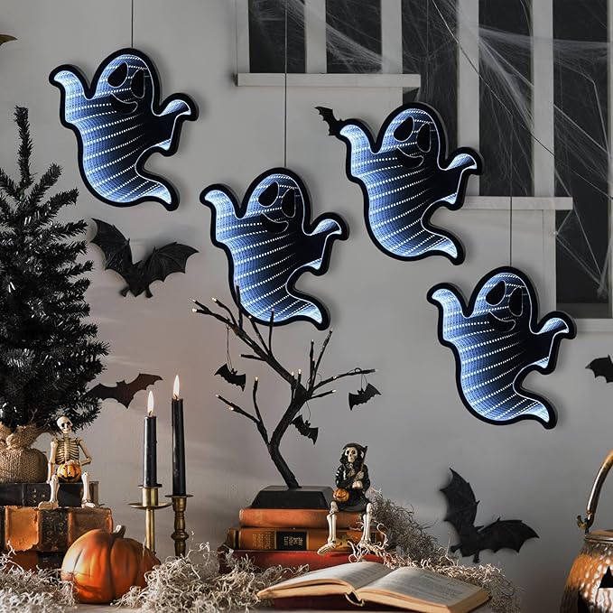 Halloween Décor 4 Ghosts Infinity Lights with USB Powered, 10.42FT 3D Infinity Mirror String Lights, Halloween Indoor Decorations for Window Outdoor Wall Party Room
