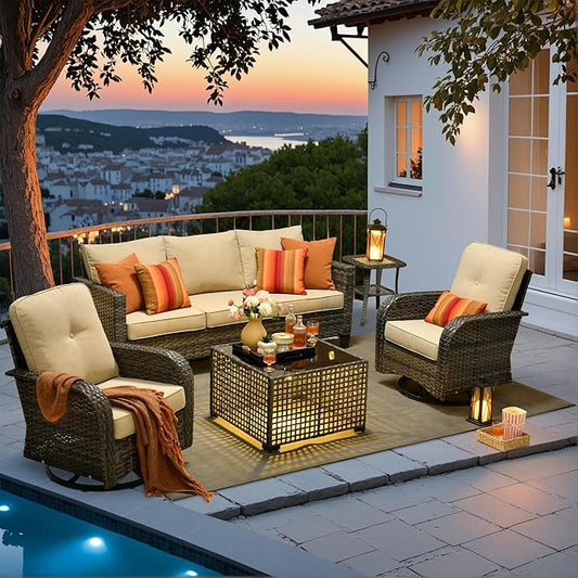 HOOOWOOO Outdoor Patio Furniture Set,5 Pieces Wicker Conversation Set,All Weather Couch Set with Swivel Chairs Solar Light Table 5 Seaters for Out Door Yard(Beige)