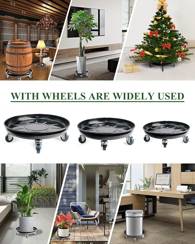 Metal Heavy Duty Plant Caddy Round Flower Pot Mover, 3 Pack Mixed of 14", 16" and 20" Rolling Plant Stand with Wheels, Indoor Outdoor Plant Dolly with Casters Planter Tray, Black