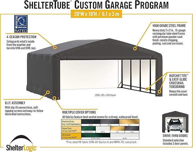 ShelterLogic ShelterTube Garage & Storage Shelter, 20' x 23' x 10' Heavy-Duty Steel Frame Wind and Snow-Load Rated Enclosure, Gray