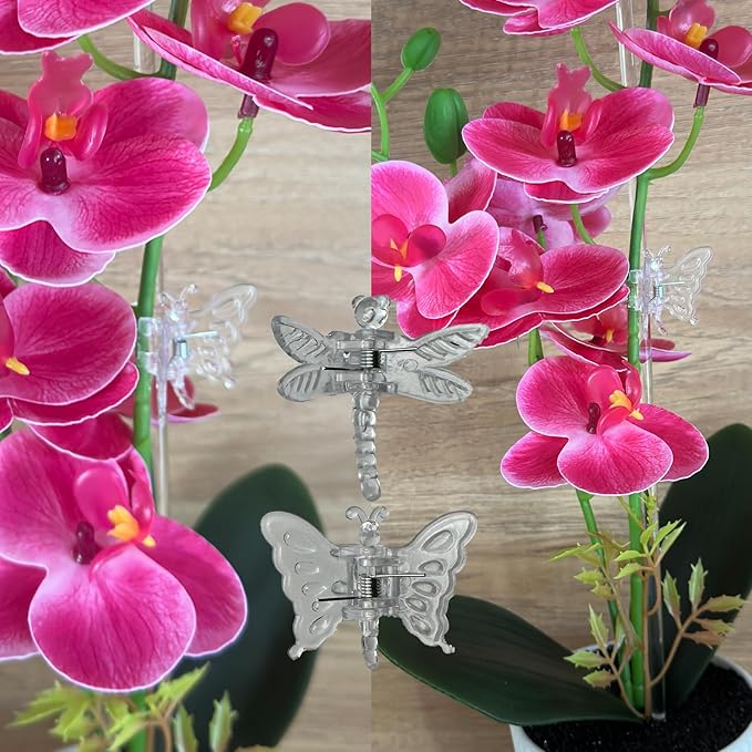 30Pcs Acrylic Plant Stakes Garden Single Stem Plant Support Stakes Clear Orchid Stakes and 30Pcs Clips Plant Support Sticks Clear Dragonfly Orchid Clip for Indoor and Outdoor Plants, Flowers, Tomatoes