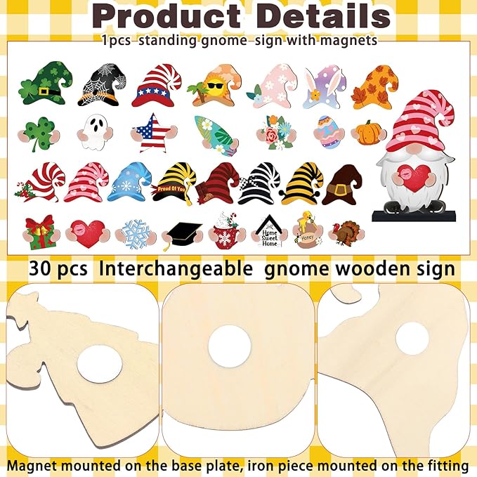 Blulu Interchangeable Wooden Gnome Decor DIY Holiday Seasonal Fall Gnomes Halloween Tiered Tray Decoration with Magnet Pieces Halloween Welcome Sign for Holiday Decorations(Fresh)
