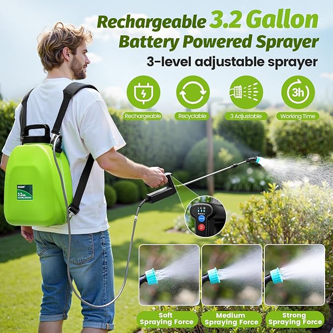 Battery Powered Backpack Sprayer 3 Gallon, Electric Lawn & Garden Sprayer with 4 Nozzles, 3 Modes, USB Rechargeable, Portable Yard Sprayer for Weed Killer, Fertilizer, Cleaning, Watering