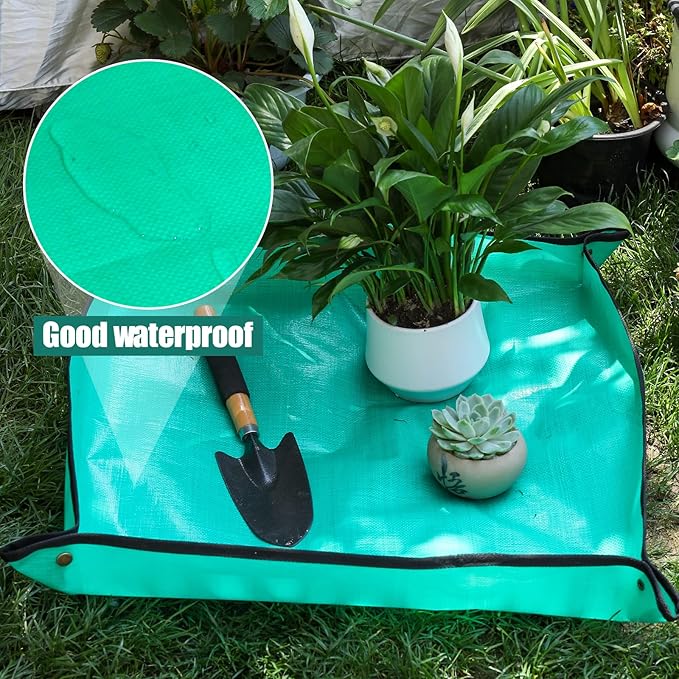 PE Houseplants Repotting Mat, Waterproof Indoor Plant Potting Tray, Foldable Bonsai Repotting Pad, Garden Soil Mess Workspace Tarp for Succulent, Cactus, Aloe Vers, Pothos, 26.8 x 26.8